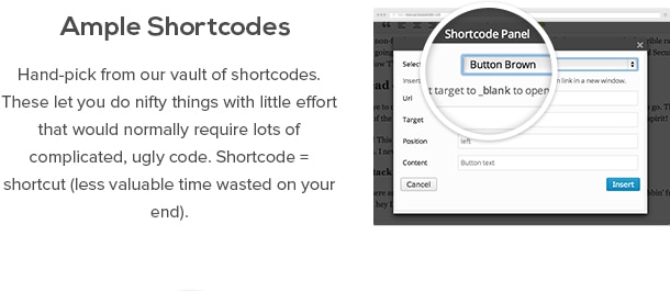 Ample Shortcodes - Hand-pick from our vault of shortcodes. These let you do nifty things with little effort that would normally require lots of complicated, ugly code. Shortcode = shortcut (less valuable time wasted on your end)