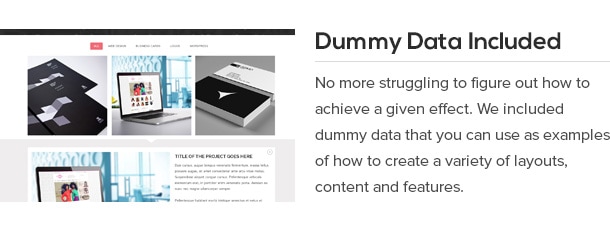 No more struggling to figure out how to achieve a given effect. We included dummy data that you can use as examples of how to create a variety of layouts, content and features.