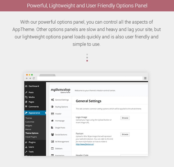 Powerful, Lightweight and User Friendly Options Panel. With our powerful options panel, you can control all the aspects of AppTheme. Other options panels are slow and heavy and lag your site, but our lightweight options panel loads quickly and is also user friendly and simple to use.