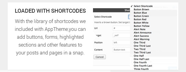 With the library of shortcodes we included with AppTheme, you can add buttons, forms, highlighted sections and other features to your posts and pages in a snap.