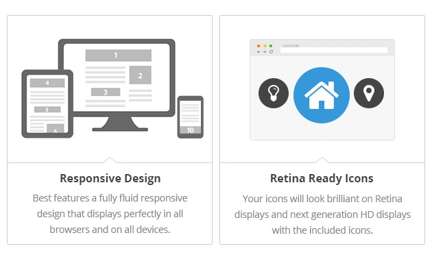 Responsive Design - Best
features a fully fluid
responsive design that
displays perfectly in all
browsers and on all devices.
Retina Ready Icons - Your
icons will look brilliant on
Retina displays and next
generation HD displays with
the included icons.