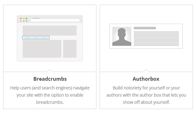 Breadcrumbs - Help users
(and search engines) navigate
your site with the option to
enable breadcrumbs. Author Box
- Build notoriety for yourself
or your authors with the
author box that lets you show
off about yourself.