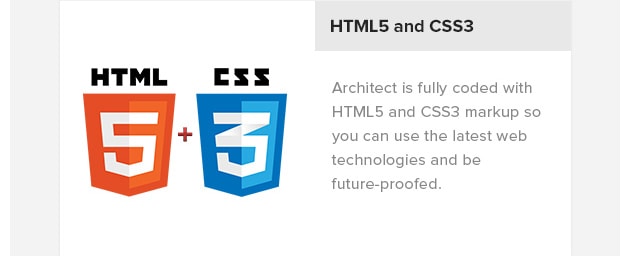 HTML5 and CSS3.
Architect is fully coded with
HTML5 and CSS3 markup so you
can use the latest web
technologies and be
future-proofed.
