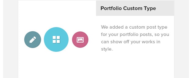 Portfolio Custom
Type. We added a custom post
type for your portfolio posts,
so you can show off your works
in style.