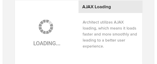 AJAX Loading.
Architect utilizes AJAX
loading, which means it loads
faster and more smoothly and
leading to a better user
experience.