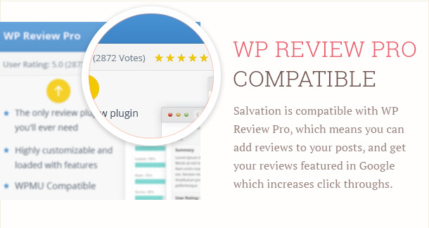 Salvation is compatible with WP Review Pro, which means you can add reviews to your posts, and get your reviews featured in Google which increases click throughs.