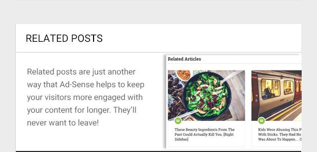 Related posts are just another way that Ad-Sense helps to keep your visitors more engaged with your content for longer. They’ll never want to leave!