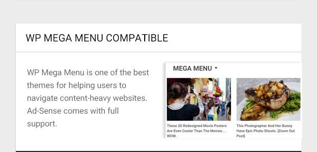 WP Mega Menu is one of the best themes for helping users to navigate content-heavy websites. Ad-Sense comes with full support.